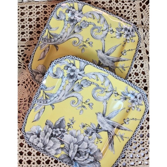 Set of 3 222 Fifth Square Salad Plates Adelaide Yellow Floral Bird Theme 6" - Picture 4 of 7